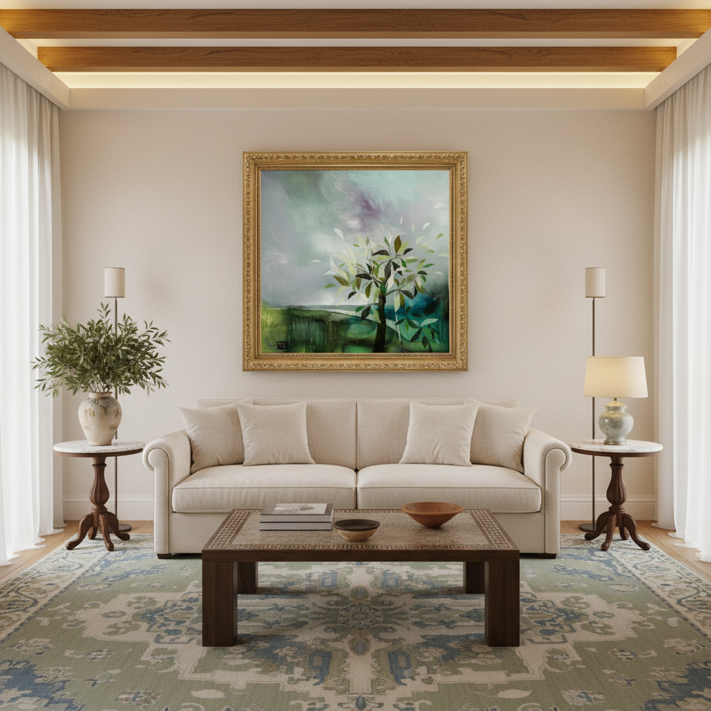 Living room with beige sofa, coffee table, and decorative elements.