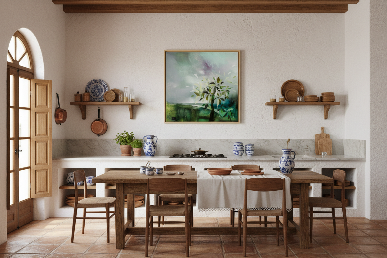 Dining area with wooden table and chairs, kitchen counter, and wall art in a bright room.