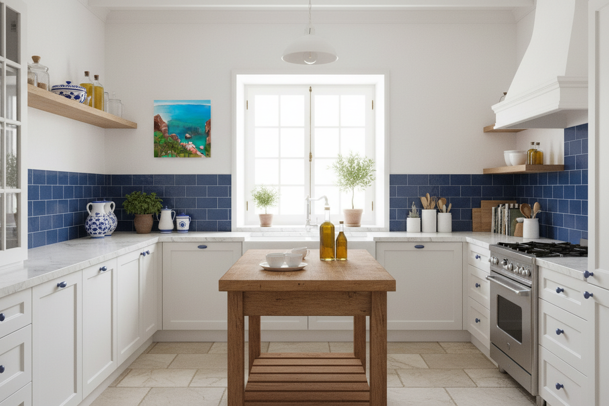 Modern kitchen with wooden island, blue backsplash, and white cabinets.
