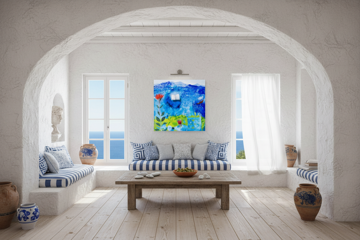 Living room with a colorful abstract painting on the wall, white walls, and wooden floor.