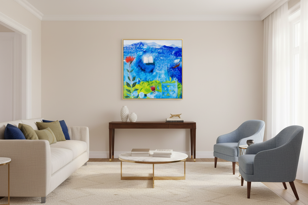 Modern living room with a colorful abstract painting on the wall.