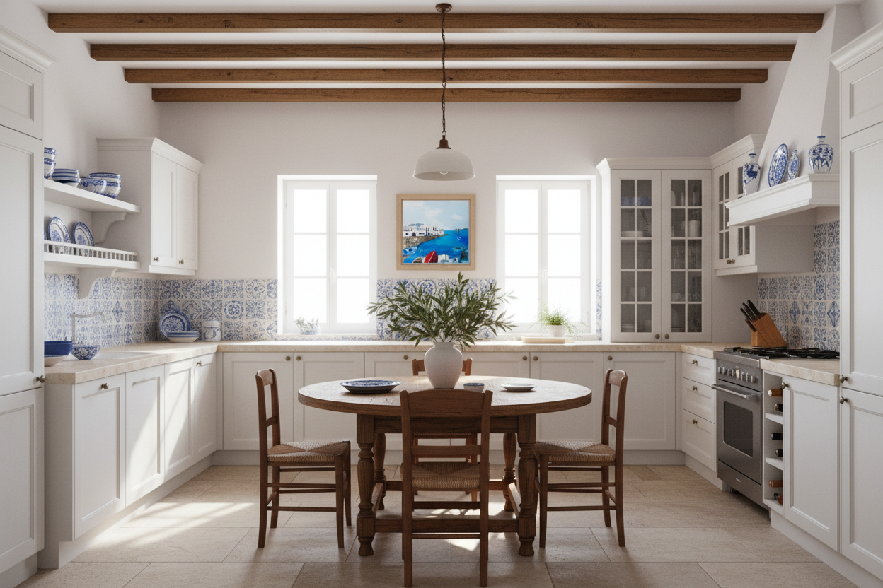 Kitchen with white cabinets, wooden table, and chairs.