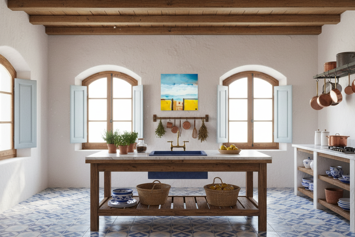 Kitchen with wooden island, windows, and decorative elements