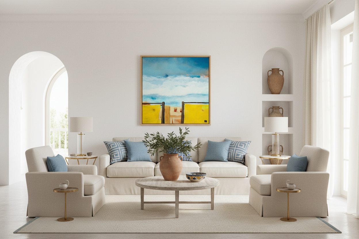 Modern living room with white furniture, a painting on the wall, and decorative items.