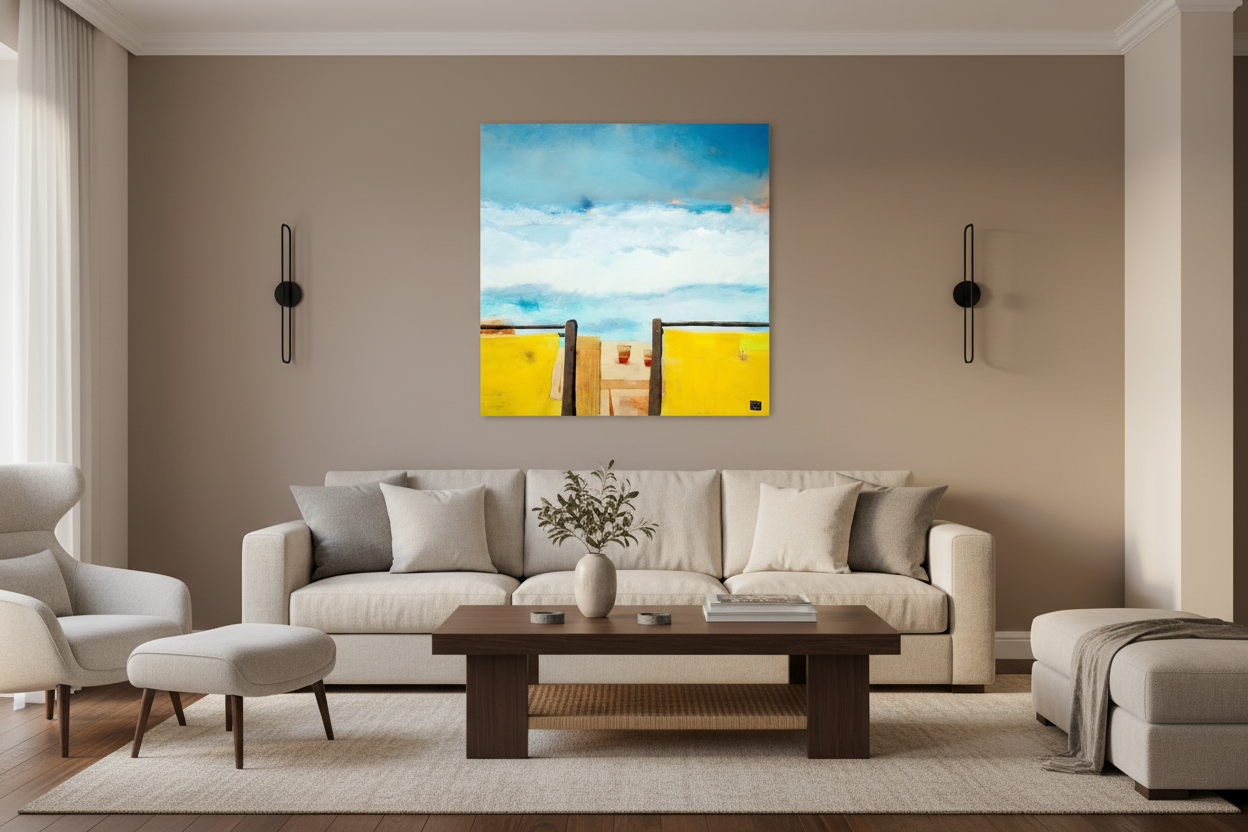 A wall art print depicting two empty beach chairs facing the sea, with a focus on the serene and expansive ocean landscape.