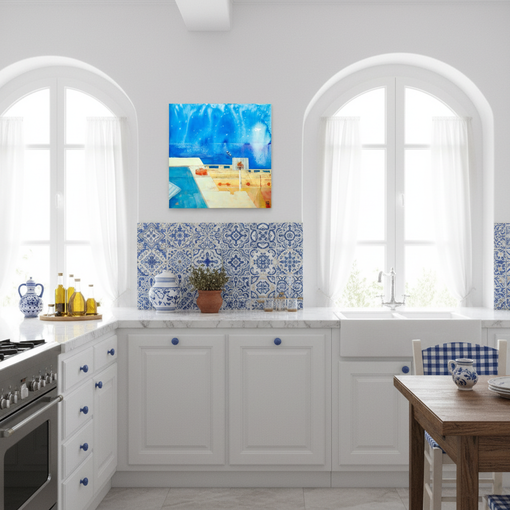 Modern kitchen with white cabinets, blue decorative tiles, and a colorful abstract painting.