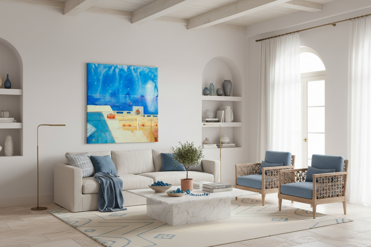 Modern living room with white walls, wooden floor, and decorative furniture.