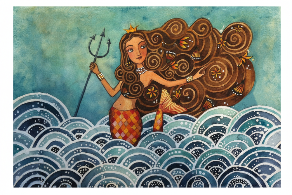 Illustration of a mermaid with a trident and a large, decorative tail in the water.