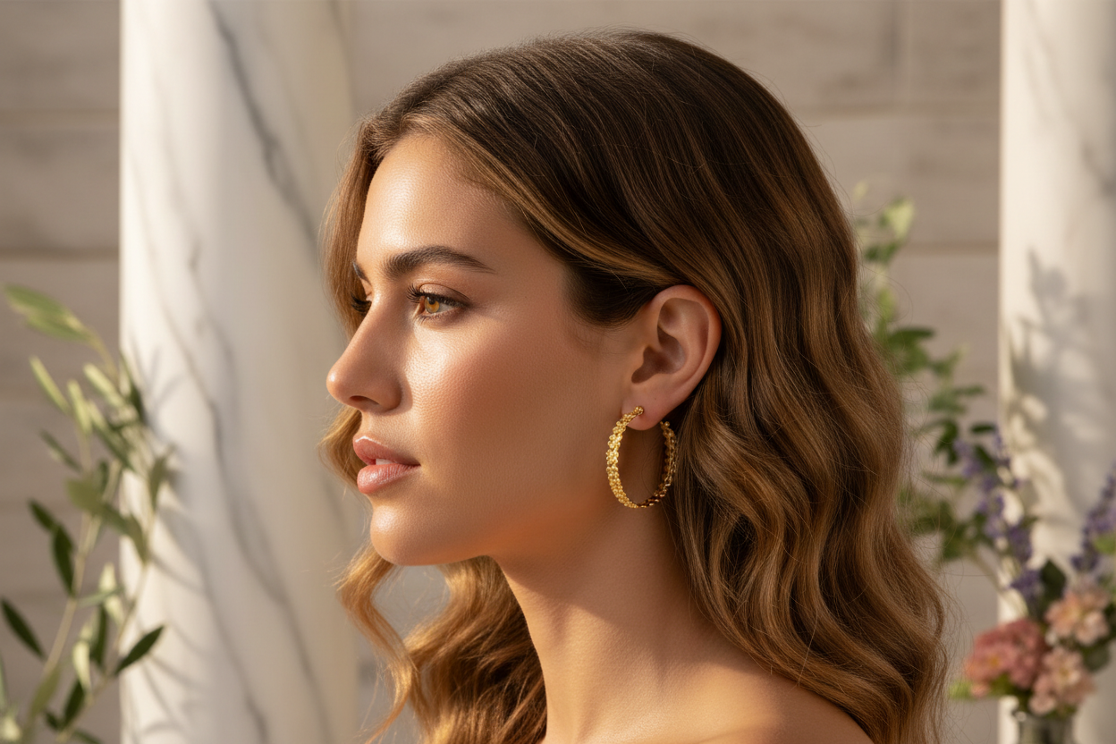 Woman wearing gold hoop earrings with a blurred floral background
