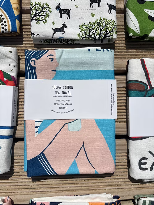 In Greece, Doing Absolutely Nothing. Perfect! Cotton Tea Towel – Greek tea towel by A Hue of Greek Blue, alternate view | Thalassea