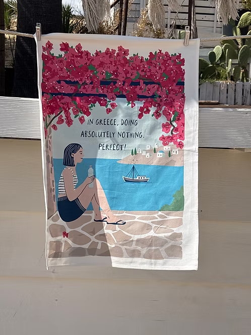 In Greece, Doing Absolutely Nothing. Perfect! Cotton Tea Towel – Greek tea towel by A Hue of Greek Blue, detail view | Thalassea