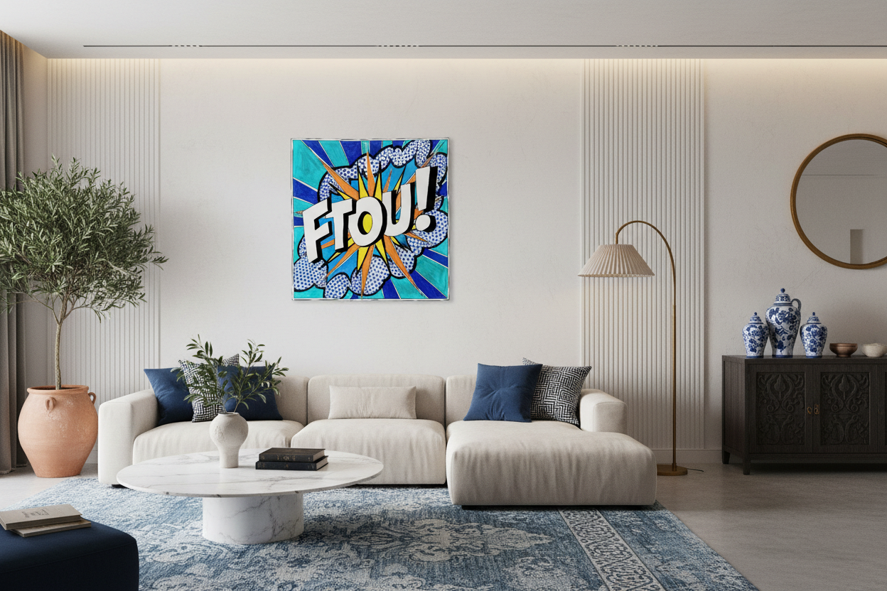 Modern living room with a colorful abstract painting on the wall.