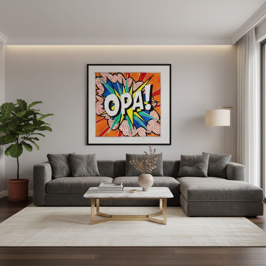 Modern living room with a gray sofa, coffee table, and colorful 'OPA!' artwork on the wall.