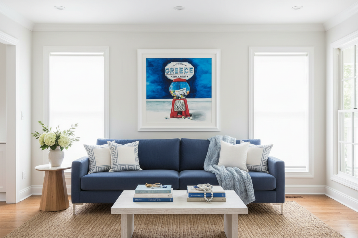 Living room with a blue sofa, coffee table, and framed artwork on the wall.