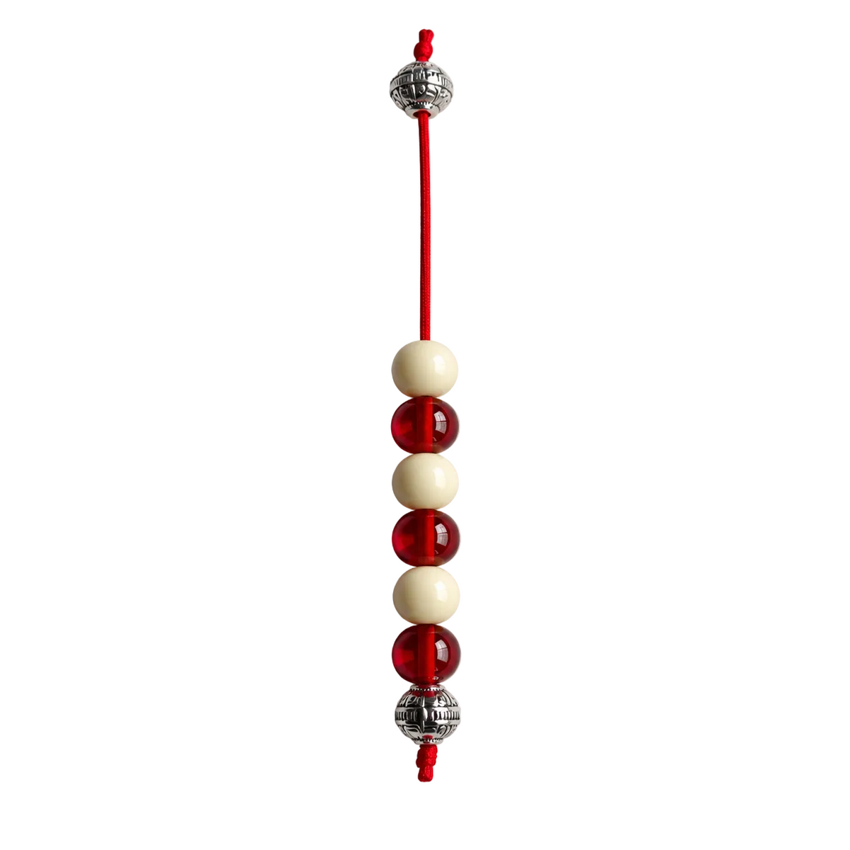 A beaded cord accessory featuring alternating red and cream beads, accented with two silver-toned metal spacers, shown against a plain light gray background.
