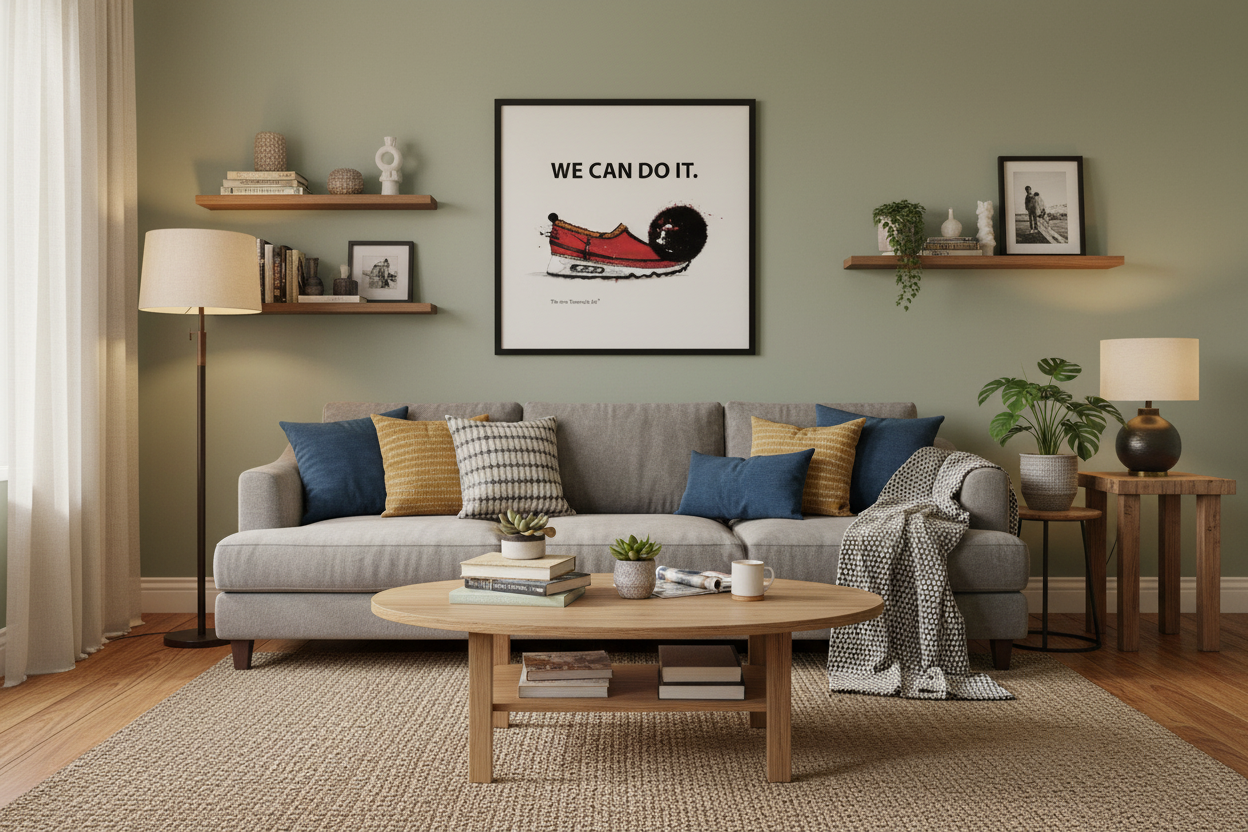 Living room with a gray sofa, wooden coffee table, and framed picture on the wall.