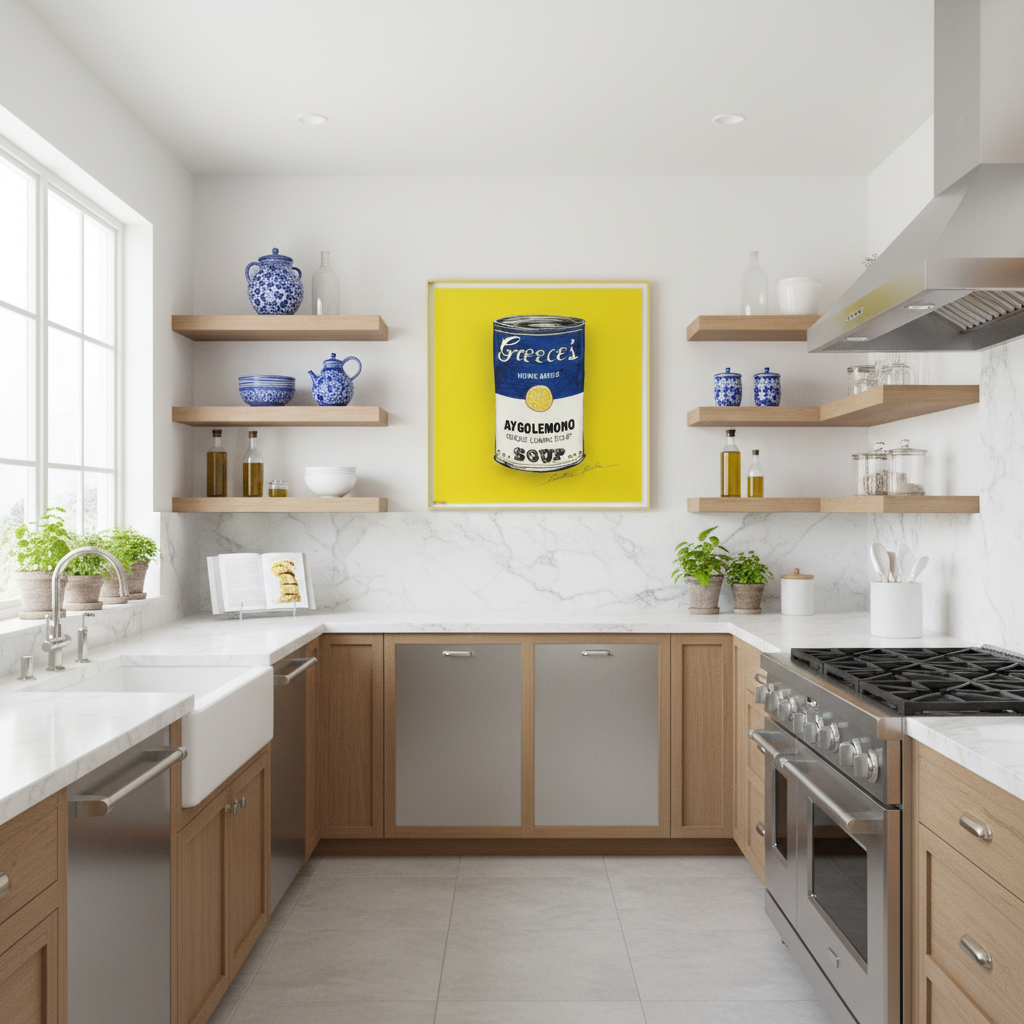 Modern kitchen with wooden cabinets, white countertops, and a decorative painting on the wall.