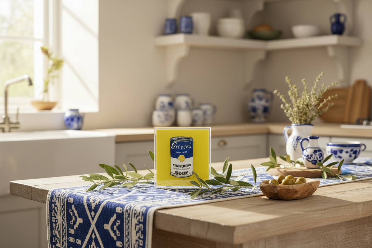 Kitchen counter with a plexiglass showing an art representation of a can of avgolemono