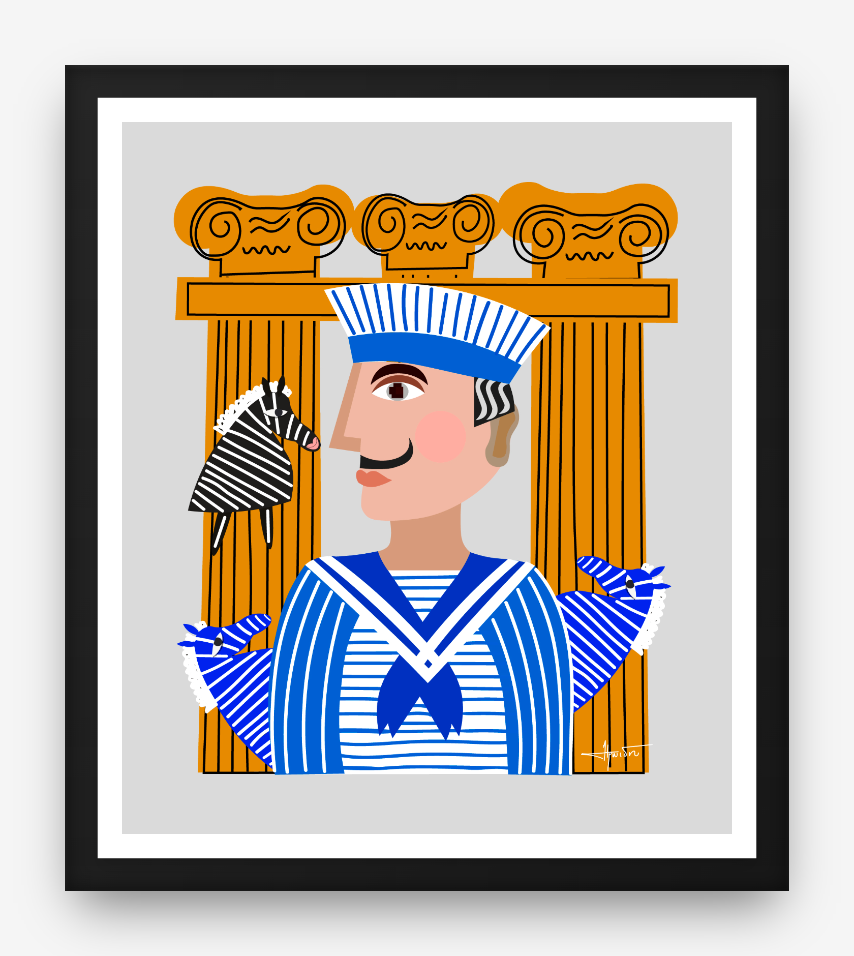 Framed artwork of a sailor character with columns in the background
