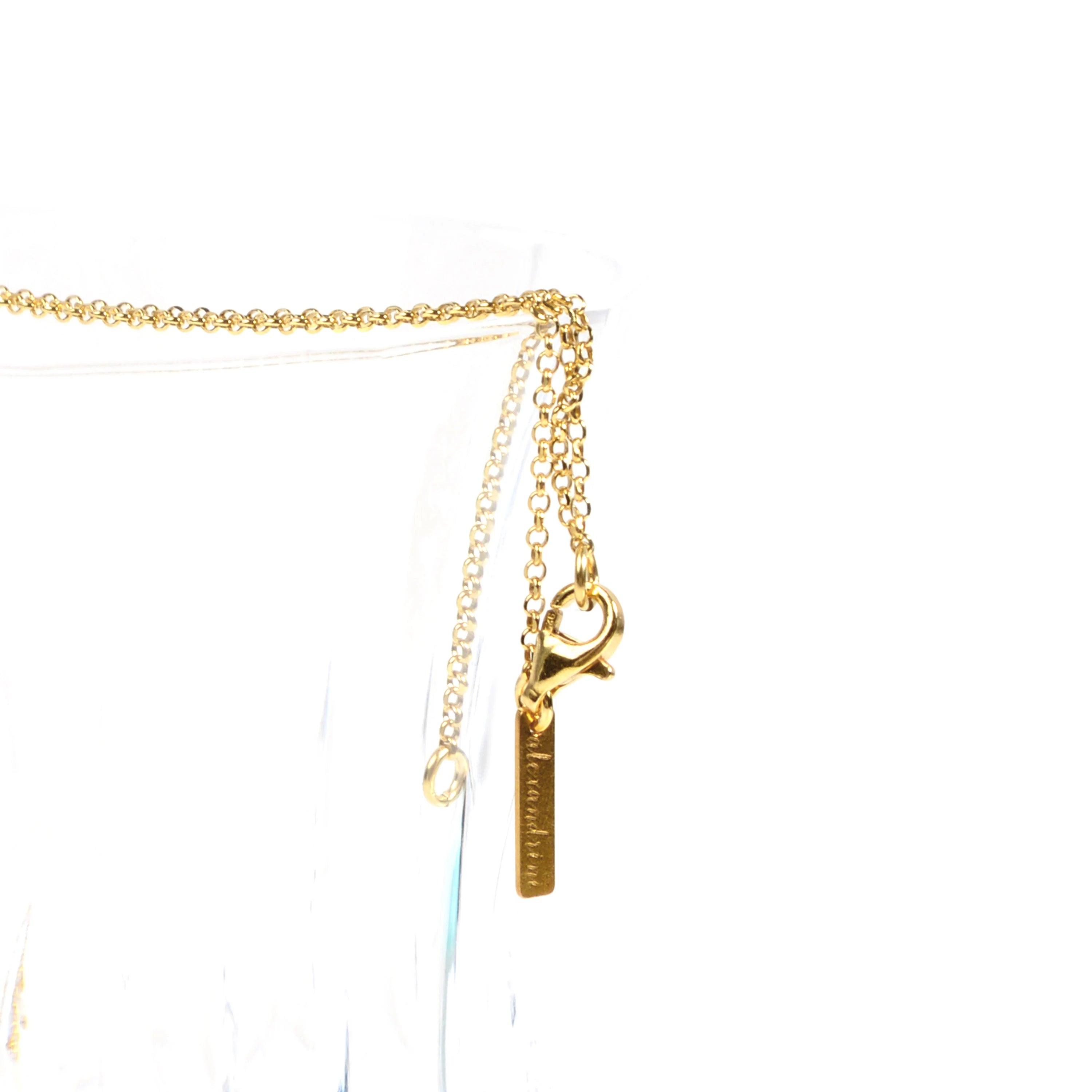 Gold necklace with a unique pendant on a white background