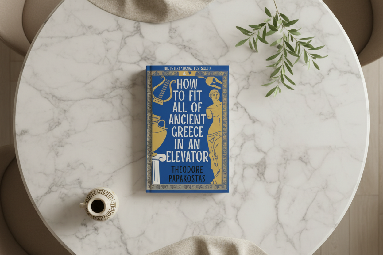 Book titled 'How to Fit All of Ancient Greece in an Elevator' on a marble surface with decorative elements.