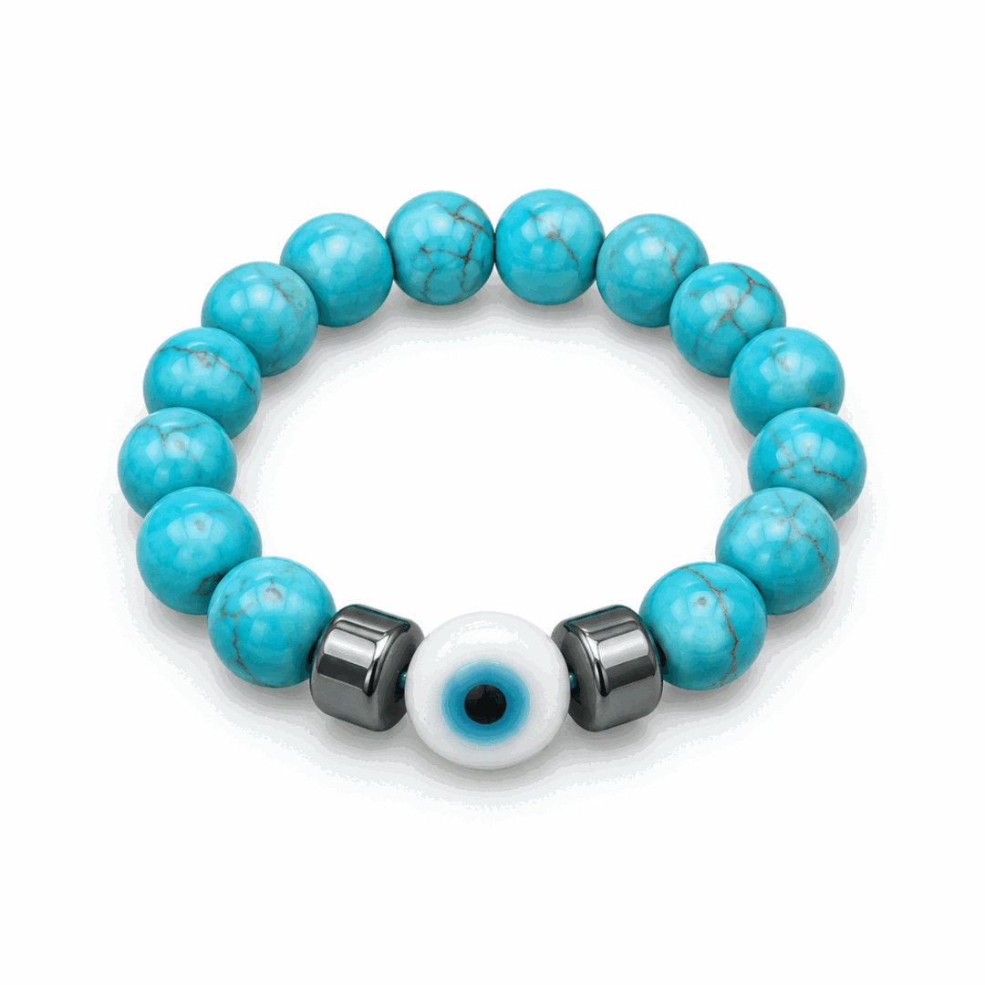 A beaded stretch ring round turquoise-blue beads with natural matrix veining, accented by a white evil eye charm with a blue center and two metallic silver cylindrical beads, shown on a clean white background.