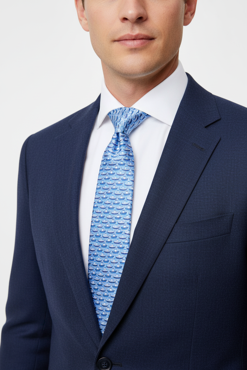 A close-up of a man wearing a navy blue suit jacket, a white dress shirt, and a light blue patterned tie against a light gray background.