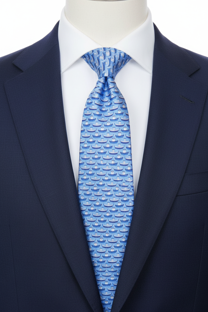 A light blue patterned necktie with a repeating wave design, styled on a white dress shirt and dark navy blue suit jacket, displayed on a mannequin torso.