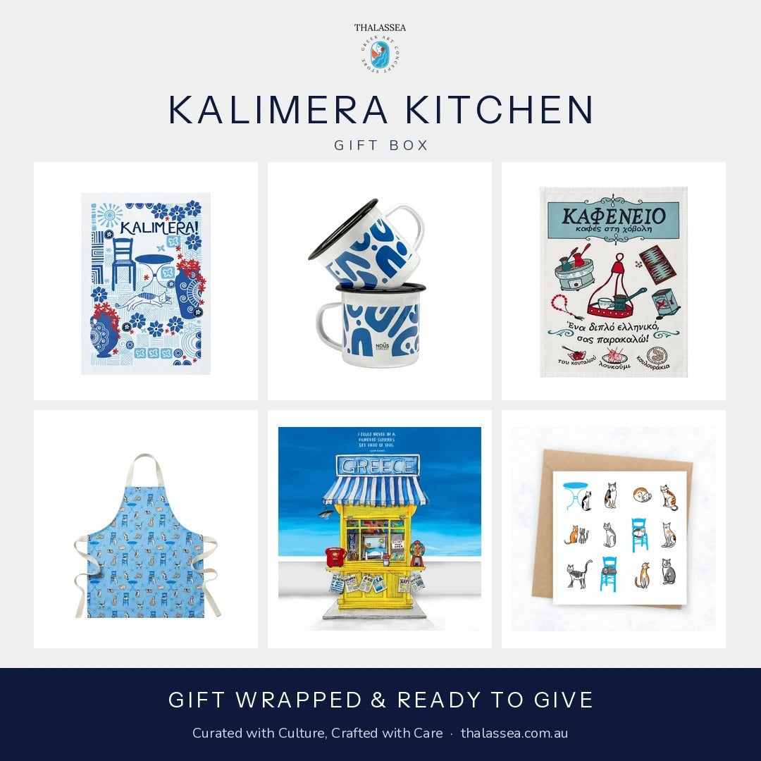 Kalimera Kitchen Greek Gift Box with Kalimera Pots print, enamel cup, Kafeneio tea towel, apron, Rovithi print and Greek Cats card | Thalassea