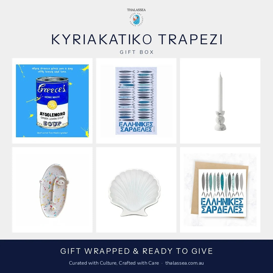 Kyriakatiko Trapezi Gift Box – Greek Sunday table gift box with Rovithi print, tea towel, candle holder and ceramic shell | Thalassea