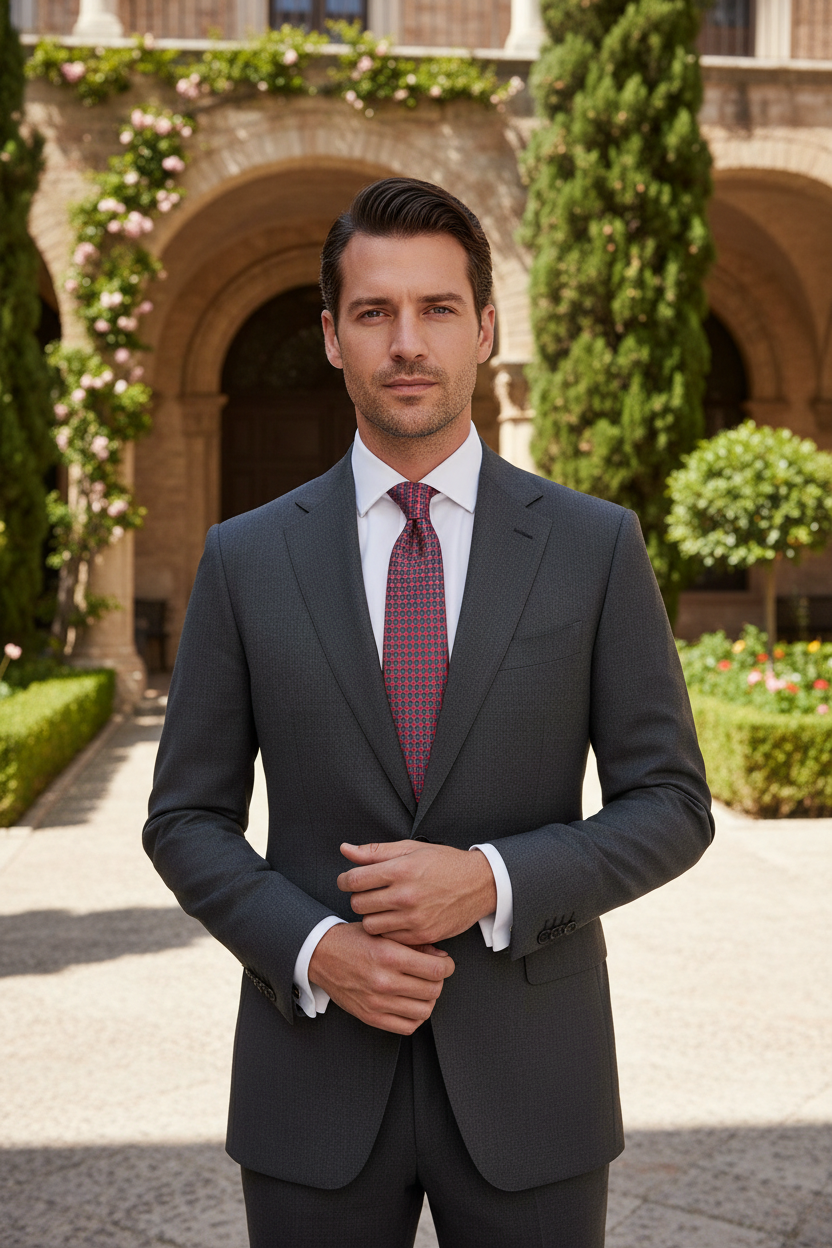A man wearing a dark gray suit, white dress shirt, and a red patterned tie, standing outdoors in front of a stone building with arches and greenery.