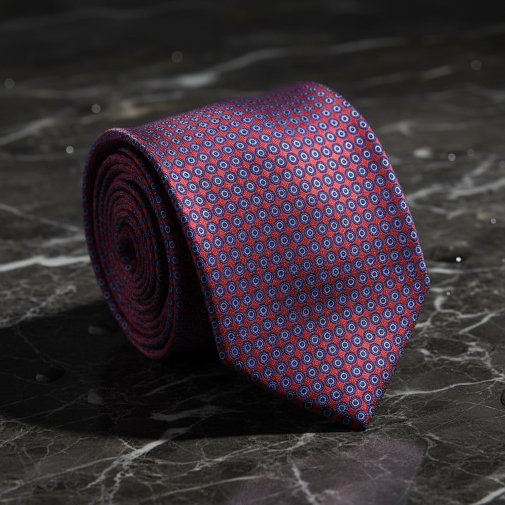 A rolled necktie with a red base and a repeating blue and white circular geometric pattern, displayed on a dark marble surface.