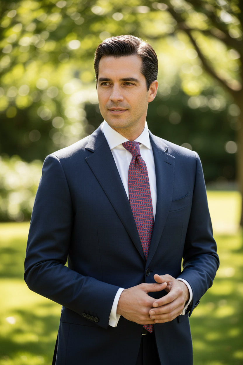 A man wearing a navy blue suit, white dress shirt, and a red patterned tie, standing outdoors in a park with green trees in the background.