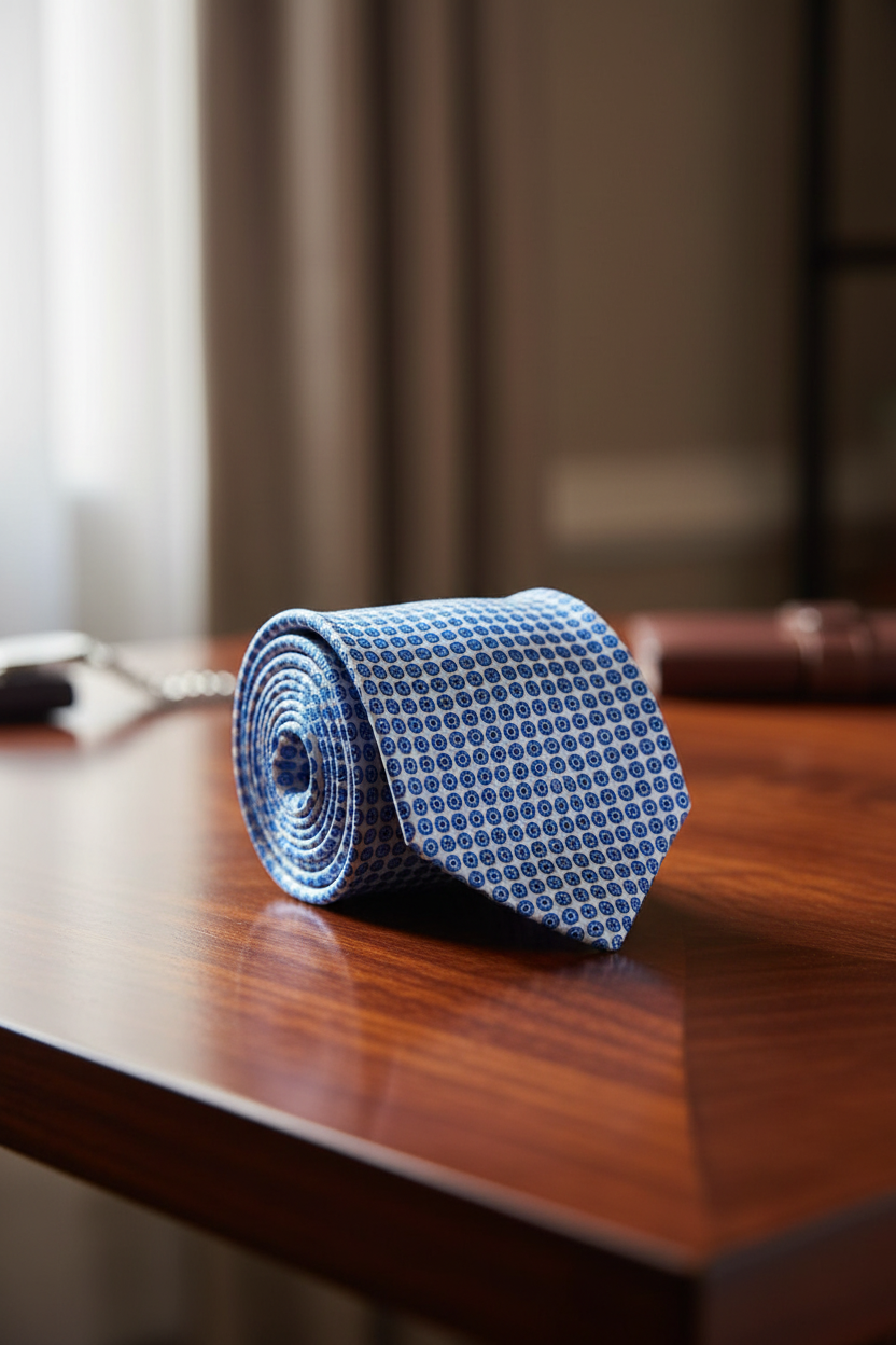 A rolled blue necktie with a small white geometric pattern, resting on a polished wooden table.