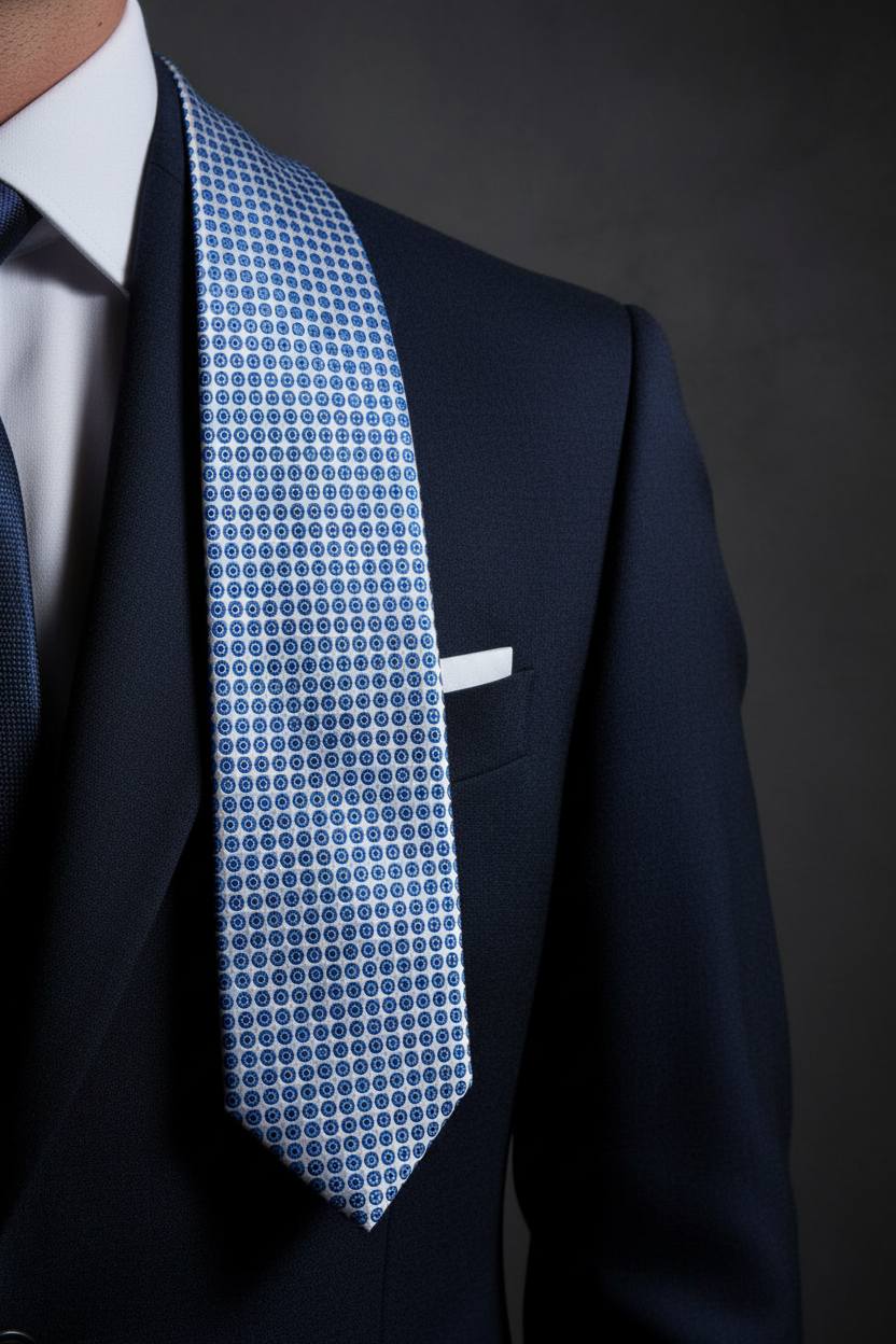 A close-up of a man wearing a navy blue suit jacket, white dress shirt, and a patterned blue and white necktie with a white pocket square.