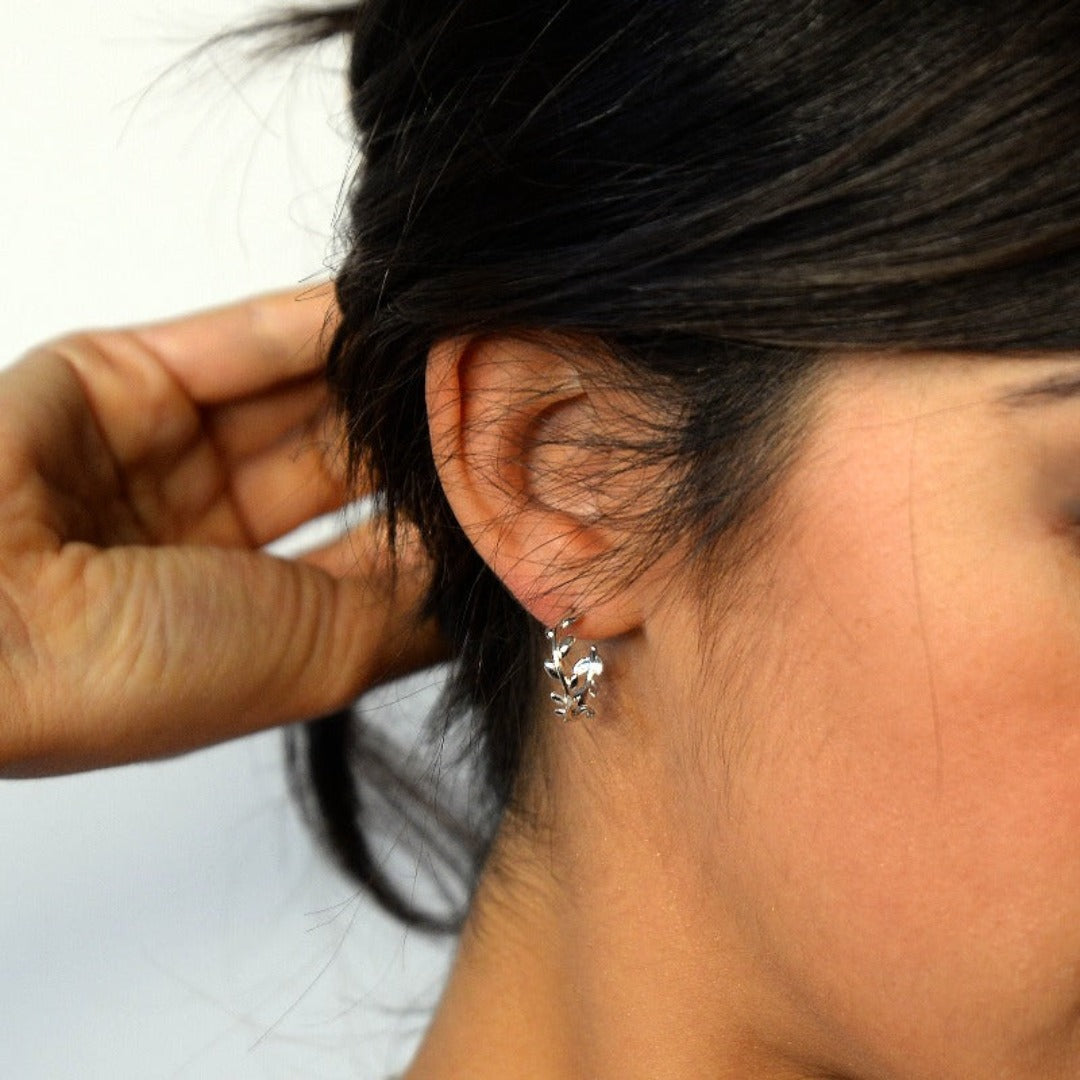 Olive Leaves Silver Hoop Earrings