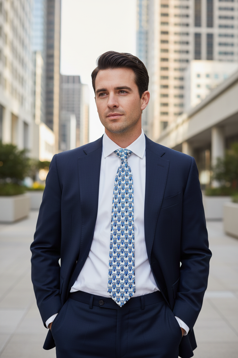 A man in a navy blue suit, white dress shirt, and a blue and white patterned tie standing in an outdoor urban setting with blurred skyscrapers in the background.