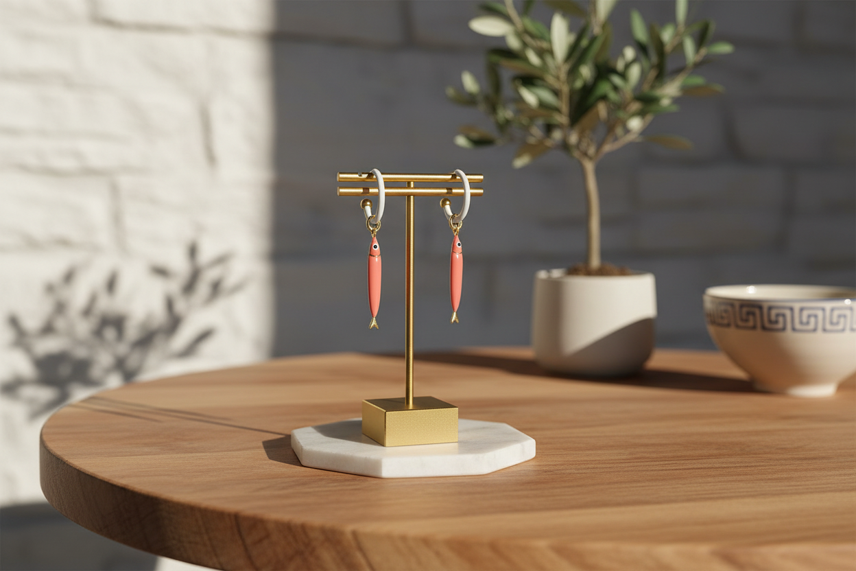 Gold earring stand with pink earrings on a wooden table with a plant and bowl in the background.