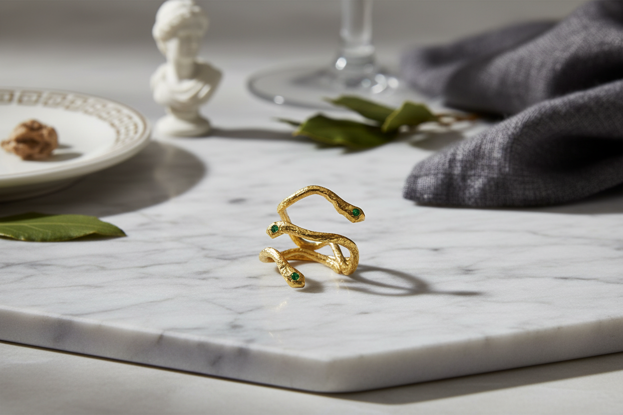 Gold ring with green gemstones on a marble surface