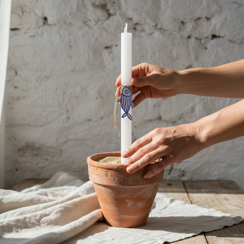 Person placing a white candle with a decorative fish design into a terracotta pot on a rustic surface.