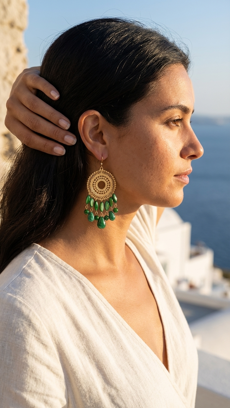 Woman wearing large gold and green earrings with a scenic background