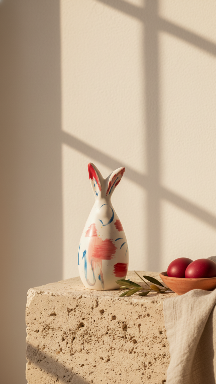 Decorative ceramic rabbit figurine with red and blue patterns on a stone surface with a bowl of apples.