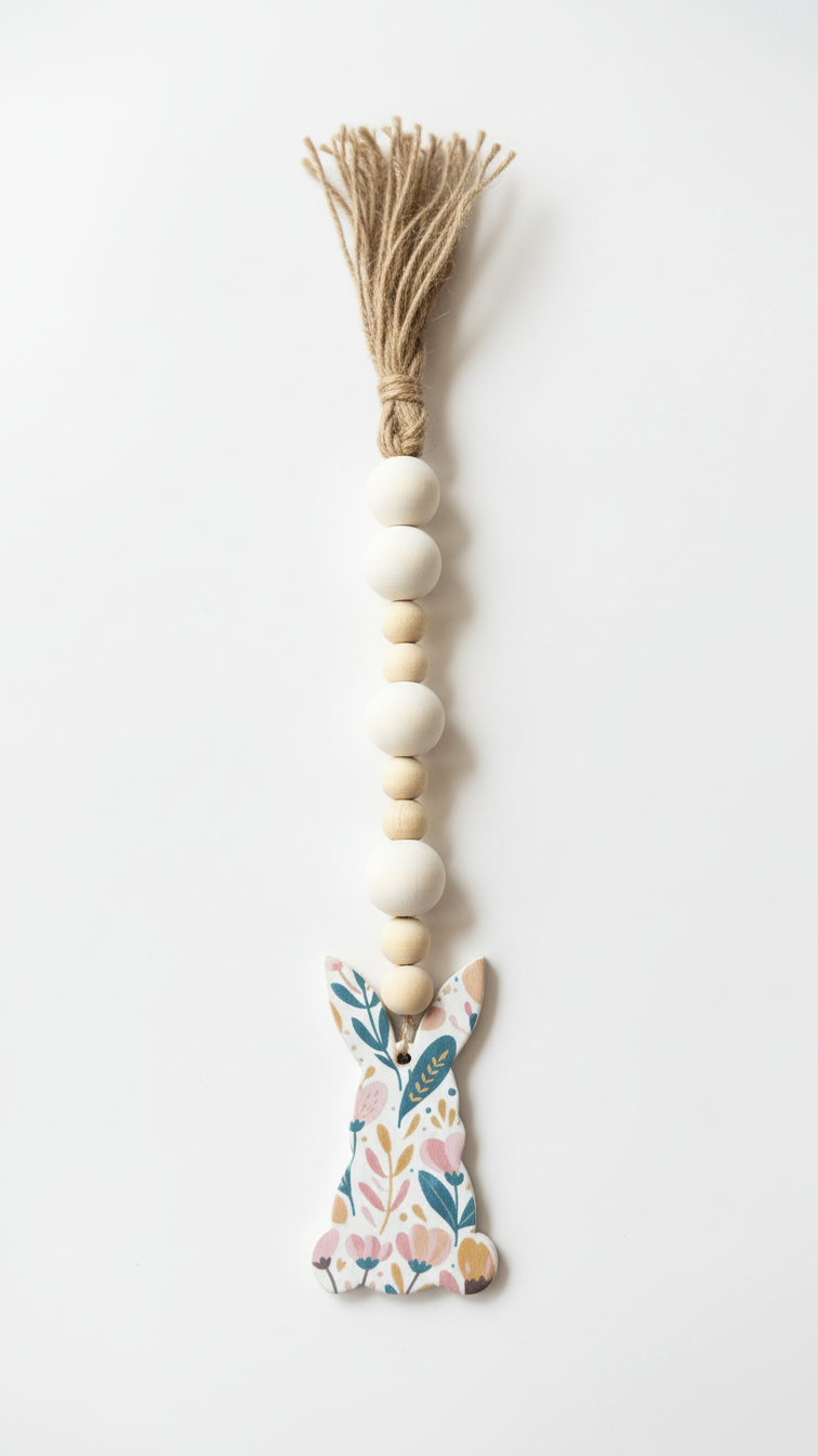 Decorative item with wooden beads and a floral rabbit design on a white background