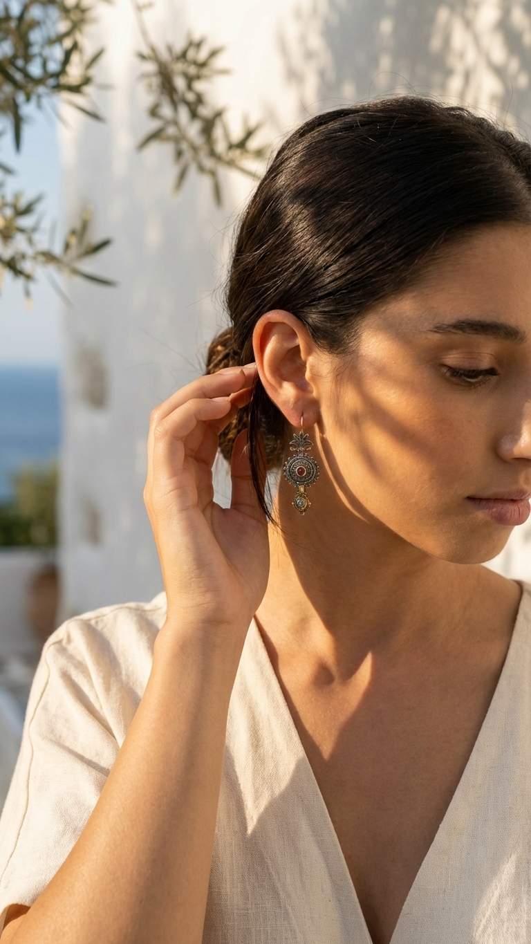 Woman wearing a silver earring outdoors with a blurred background