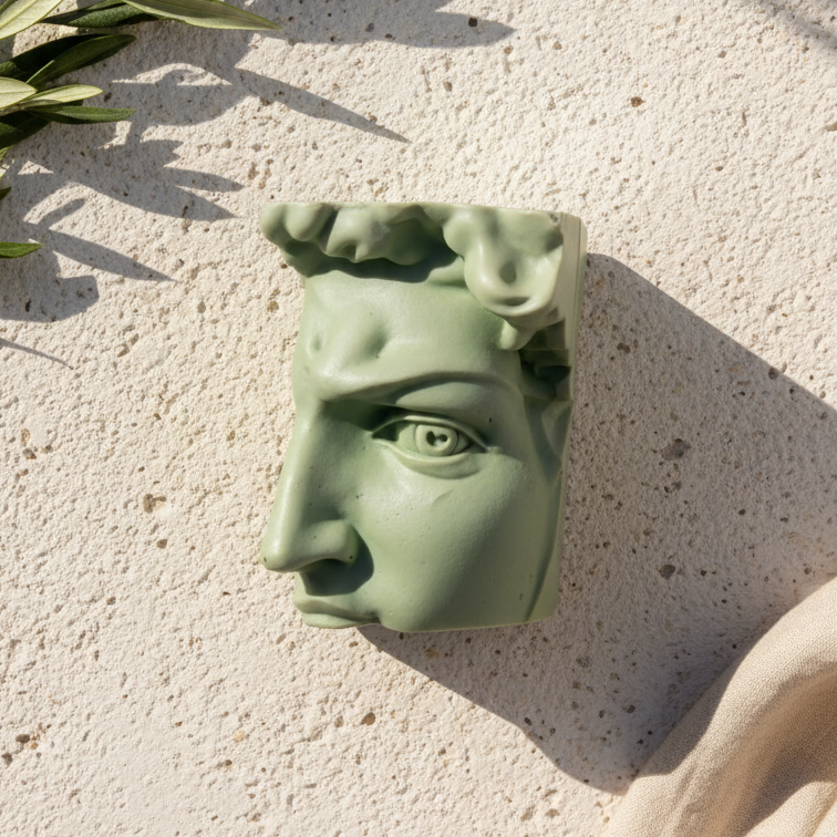 Green decorative head sculpture on a textured surface with leaves and fabric.