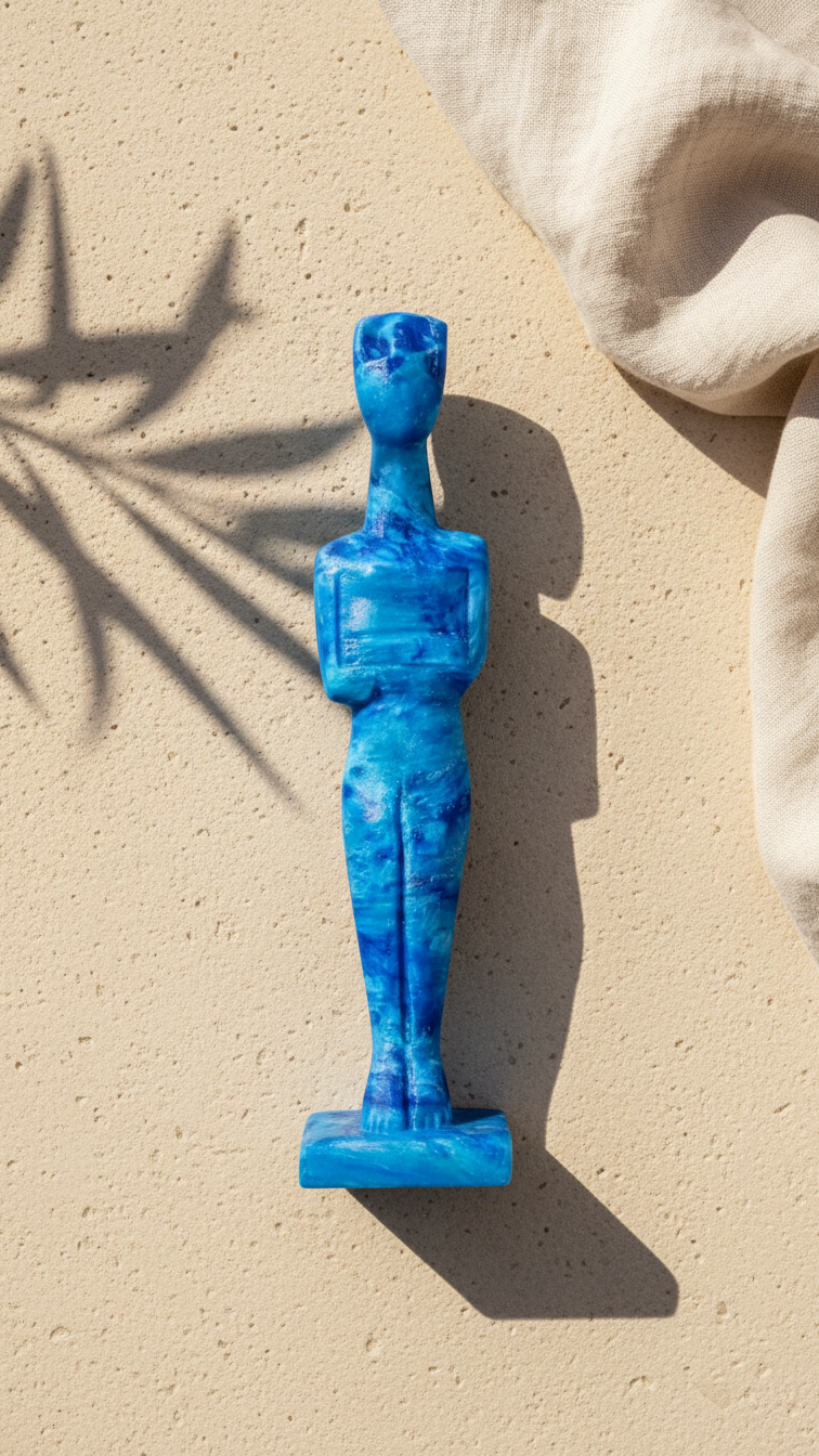 Blue statue on a beige surface with a leaf shadow