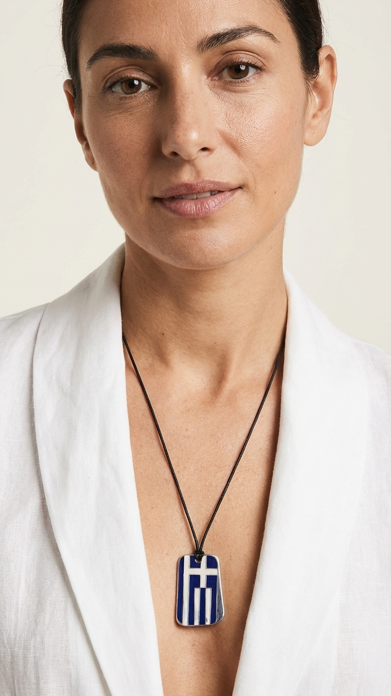 Woman wearing a necklace with a pendant resembling the Greek flag against a plain background