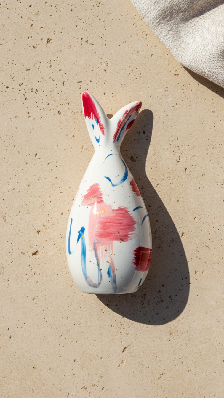 Ceramic flamingo-shaped object on a sandy surface