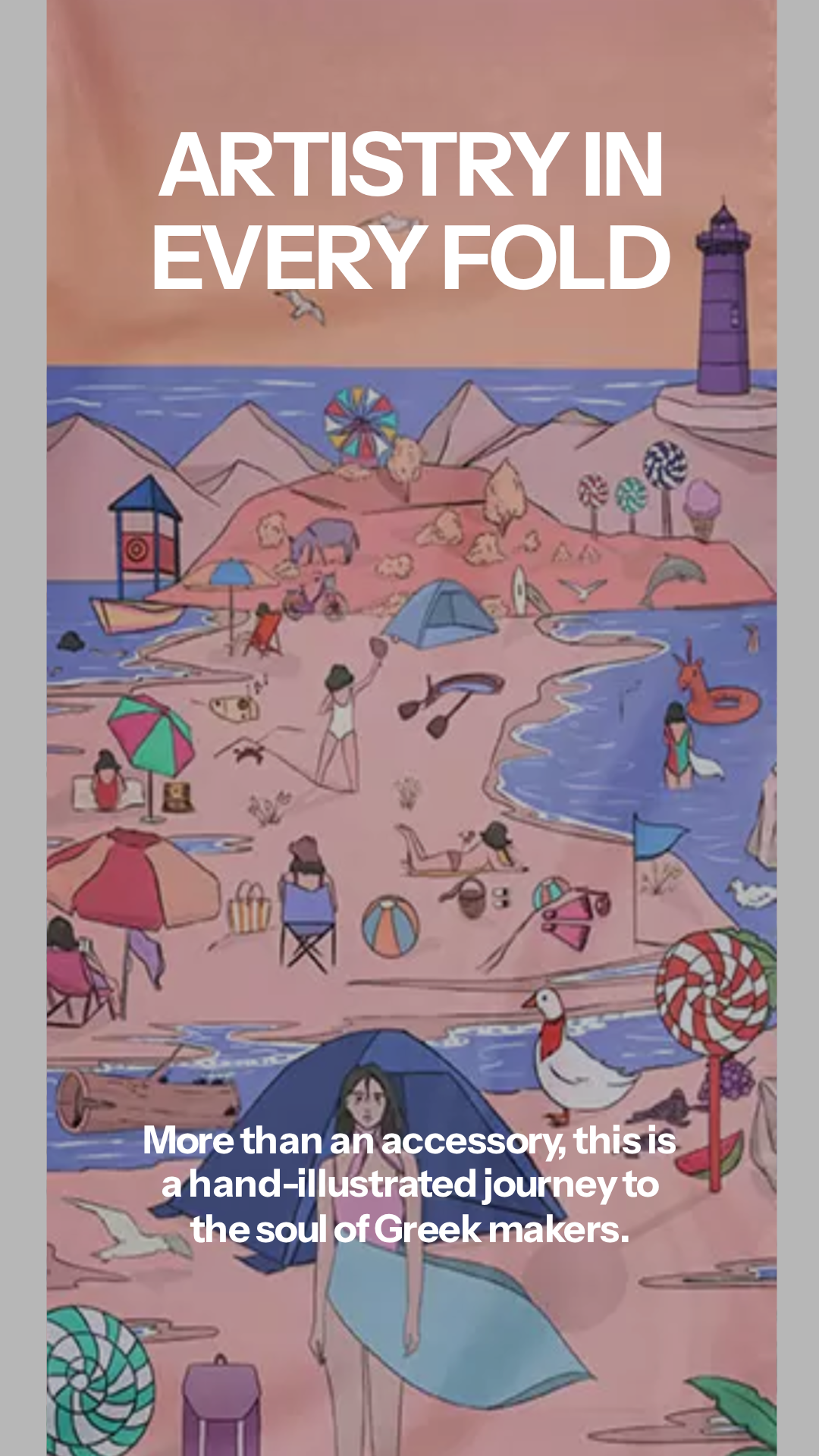 Book cover with beach scene illustration and text 'Artistry in Every Fold' on a pink background