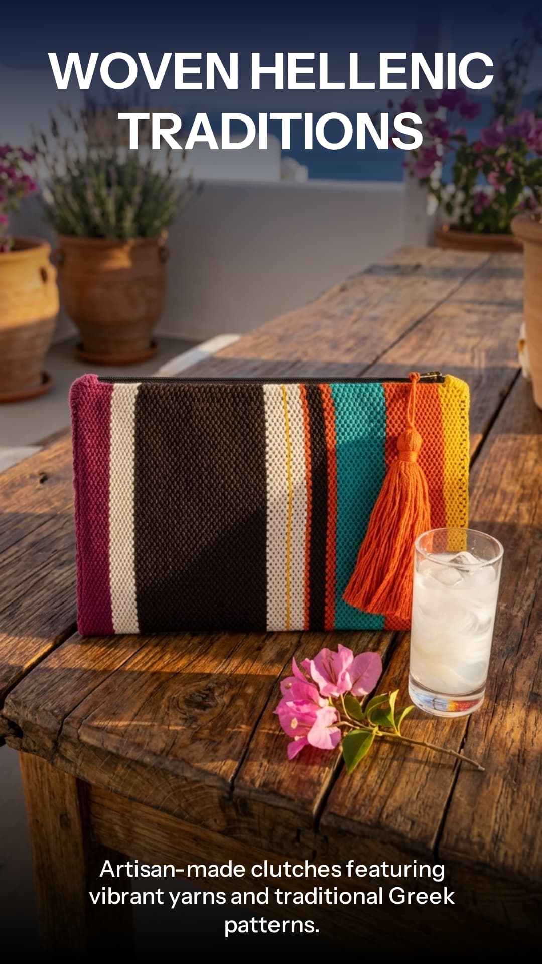 Woven clutch bag with colorful yarns on a wooden table with a glass of water and pink flower.
